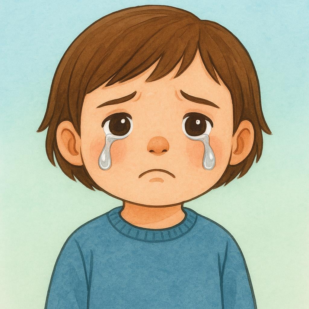 A sad young child is sitting down, crying with tears visibly rolling down their cheek.