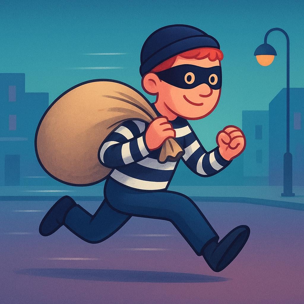 A cartoonish figure wearing a simple black bandit mask and a striped shirt running quickly while holding a large, heavy sack, symbolizing a robbery.