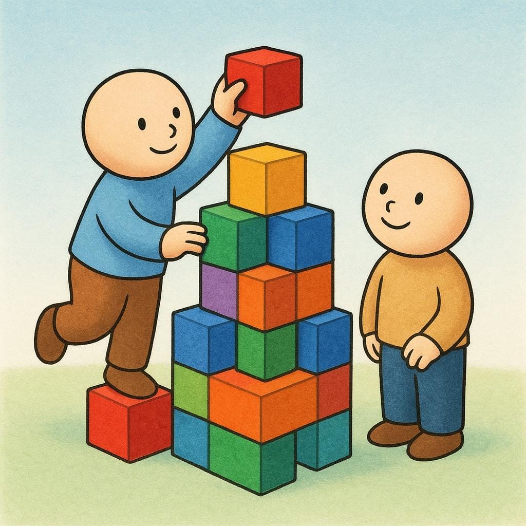 Dois pequenos personagens de desenho animado amigáveis estão ao lado de uma torre alta e colorida construída com blocos. Um personagem está colocando o bloco final no topo, indicando a conclusão de sua tarefa.