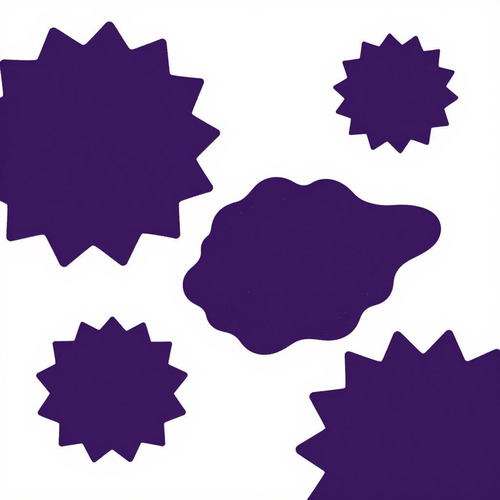 A cluster of dark, jagged purple cells spreading across a clean surface.