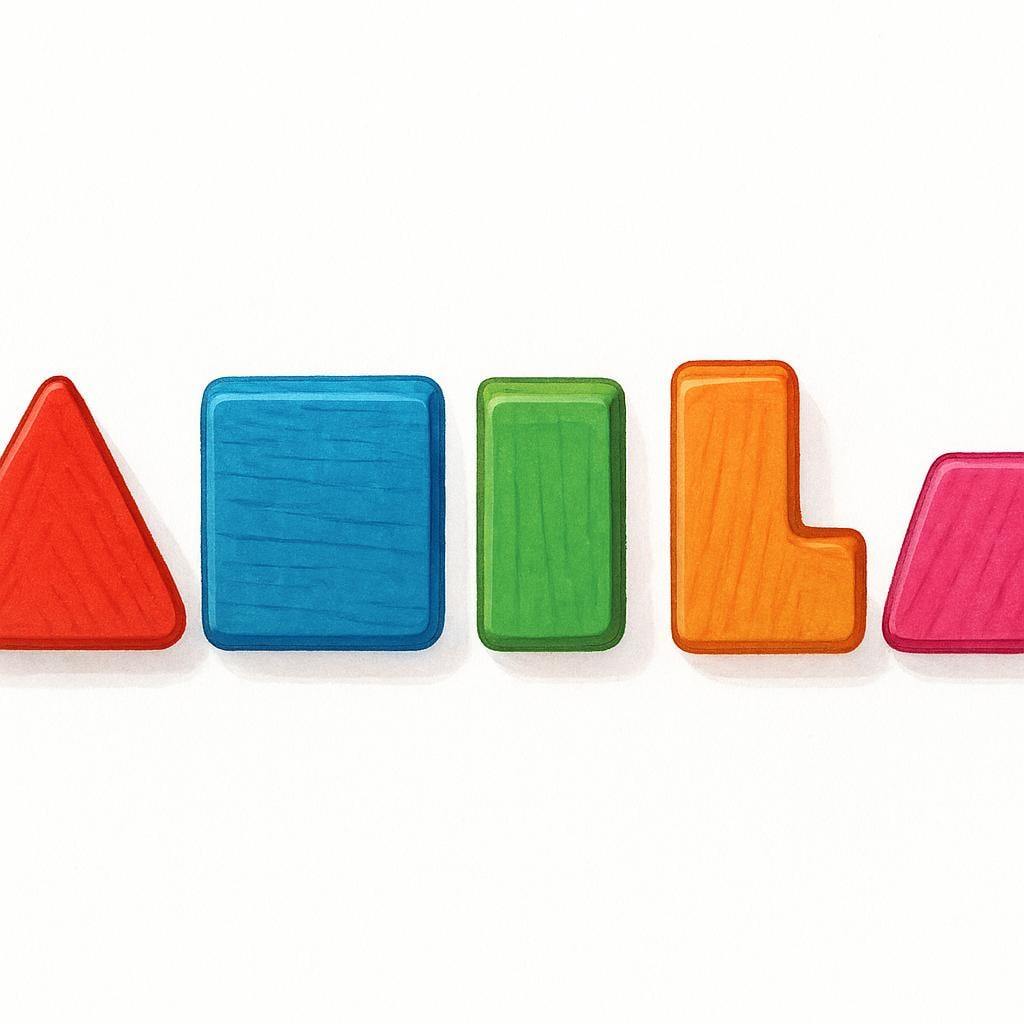 A large, brightly colored wooden block puzzle that has been disassembled into its distinct smaller geometric pieces, which are neatly laid out side-by-side on a white surface.