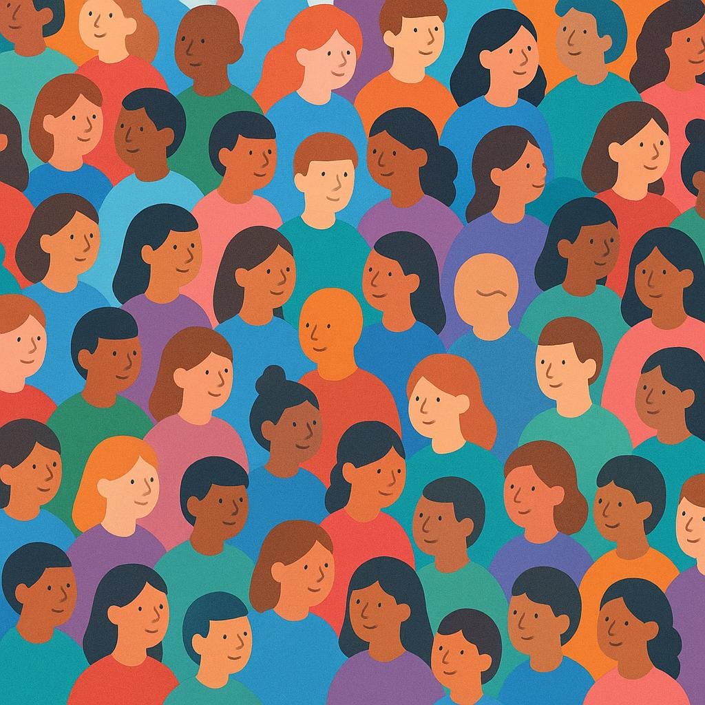 A dense gathering of many stylized, colorful human figures standing shoulder-to-shoulder, representing a crowd.