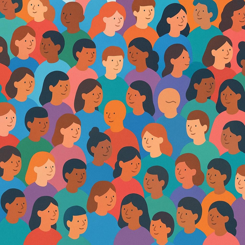 A dense gathering of many stylized, colorful human figures standing shoulder-to-shoulder, representing a crowd.