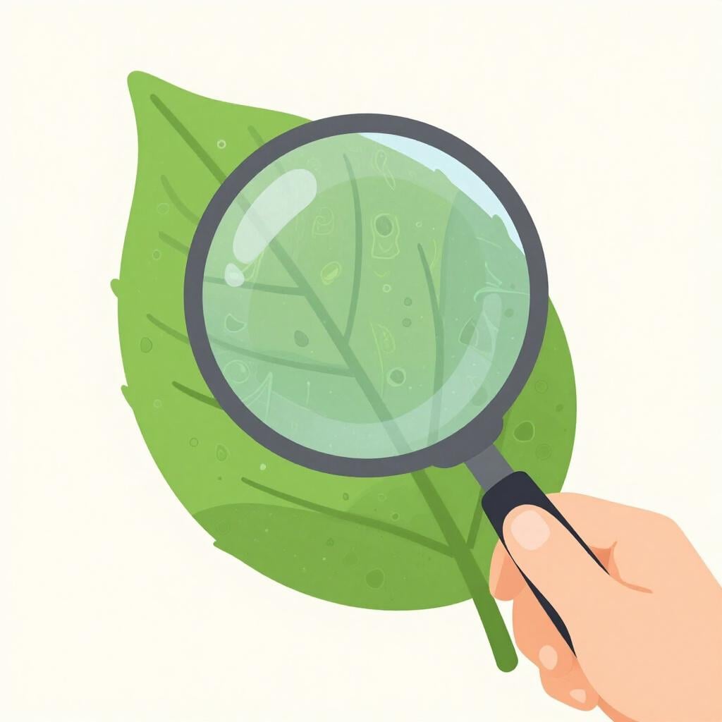 A person using a magnifying glass to examine the intricate, tiny details of a large green leaf.