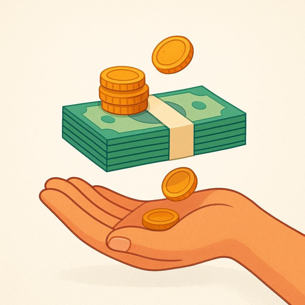 Um desenho de uma mão aceitando uma pilha organizada de dinheiro e moedas, simbolizando o pagamento de um salário.