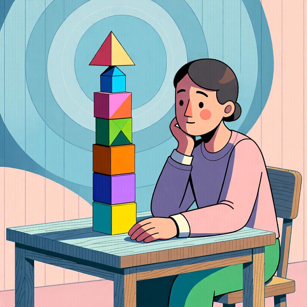 A calm figure sitting at a desk, carefully balancing stones, symbolizing logic and mental clarity.