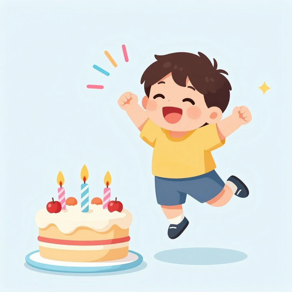 Un enfant saute de joie avec un grand sourire et les bras levés devant un gâteau d'anniversaire coloré.