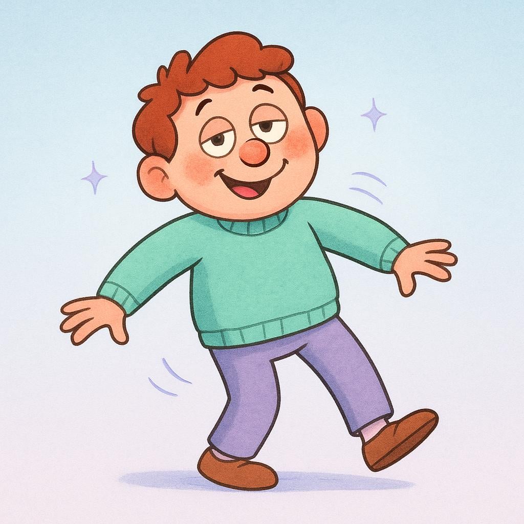A friendly cartoon character standing slightly off-balance, with rosy cheeks and a big, slightly goofy smile, indicating tipsiness.