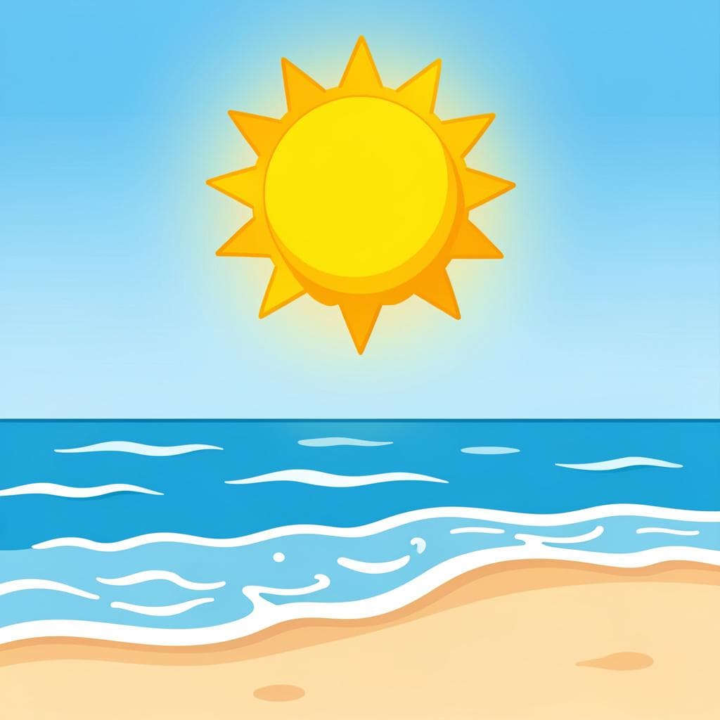 Eine helle Sonne scheint über einen goldenen Strand mit ruhigem blauem Wasser.