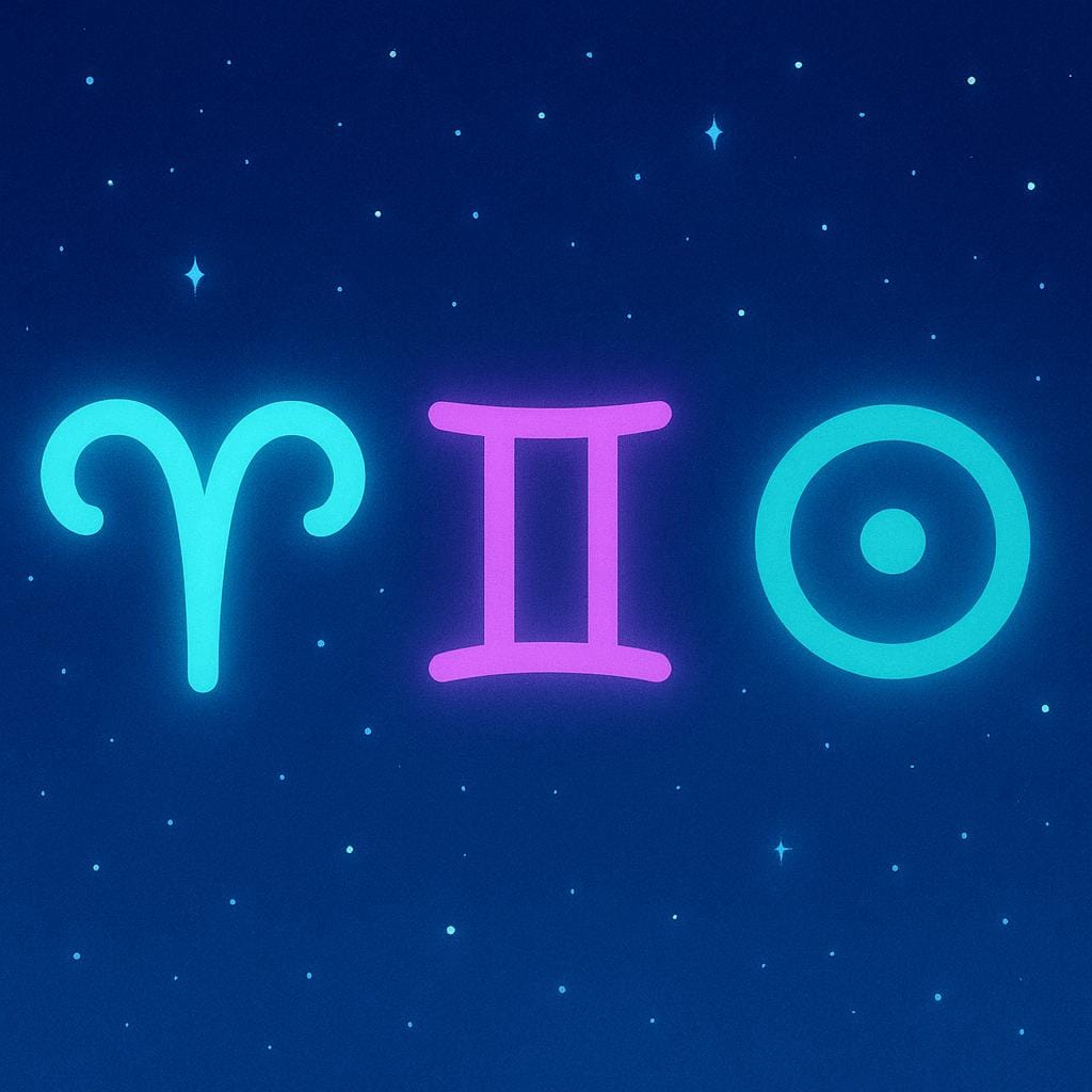 Three glowing, stylized astrological symbols—ram horns, connected lines, and a circle with a dot—floating against a deep blue, starry night sky.