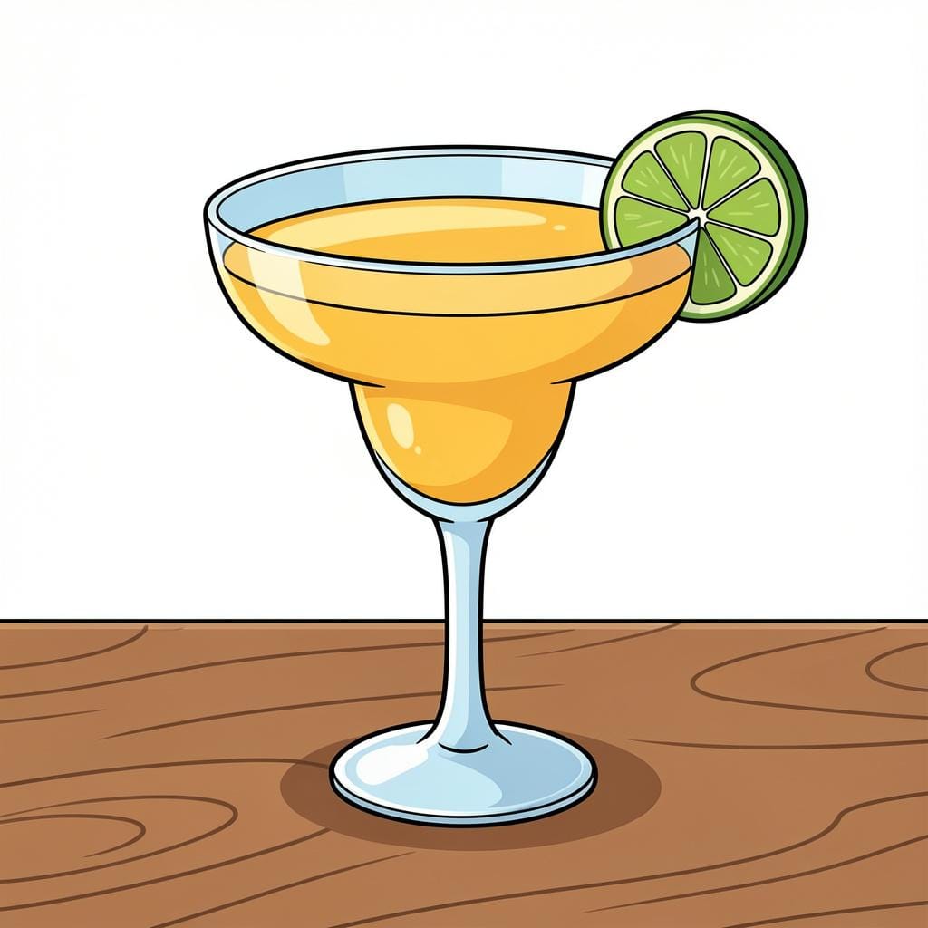 Een gekoelde margarita cocktail in een breed glas met een schijfje limoen op de rand.
