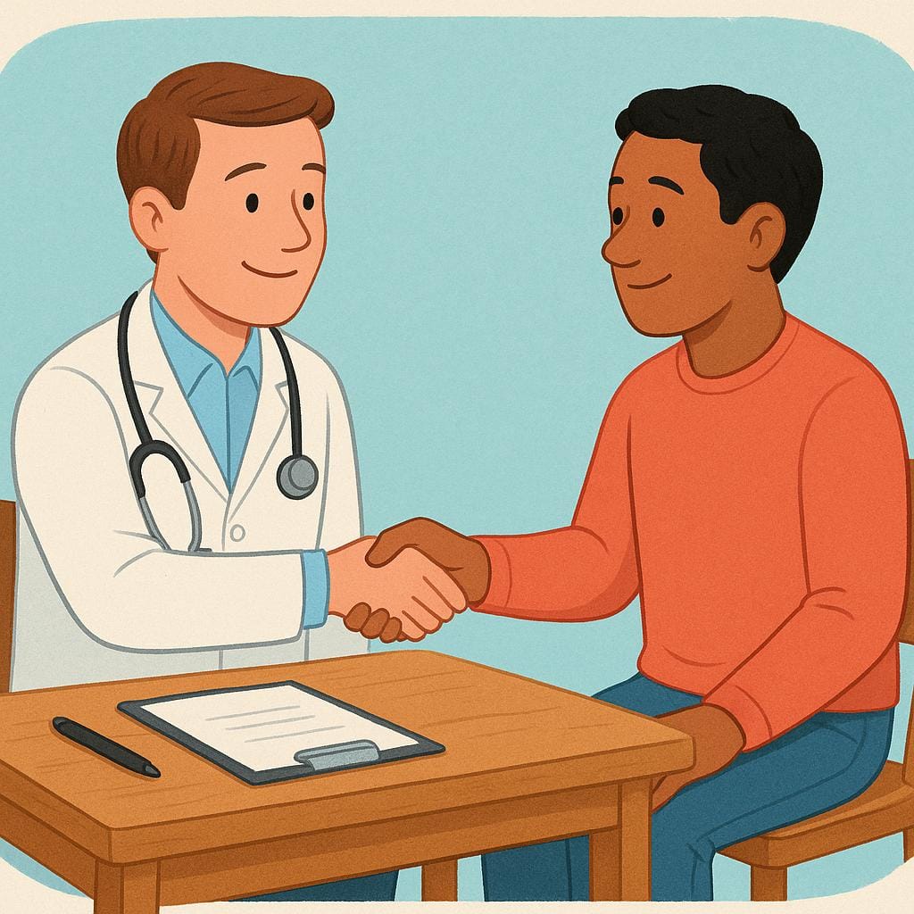 A friendly doctor in a white coat shaking hands with a patient in a brightly lit consultation room, signifying a scheduled meeting.