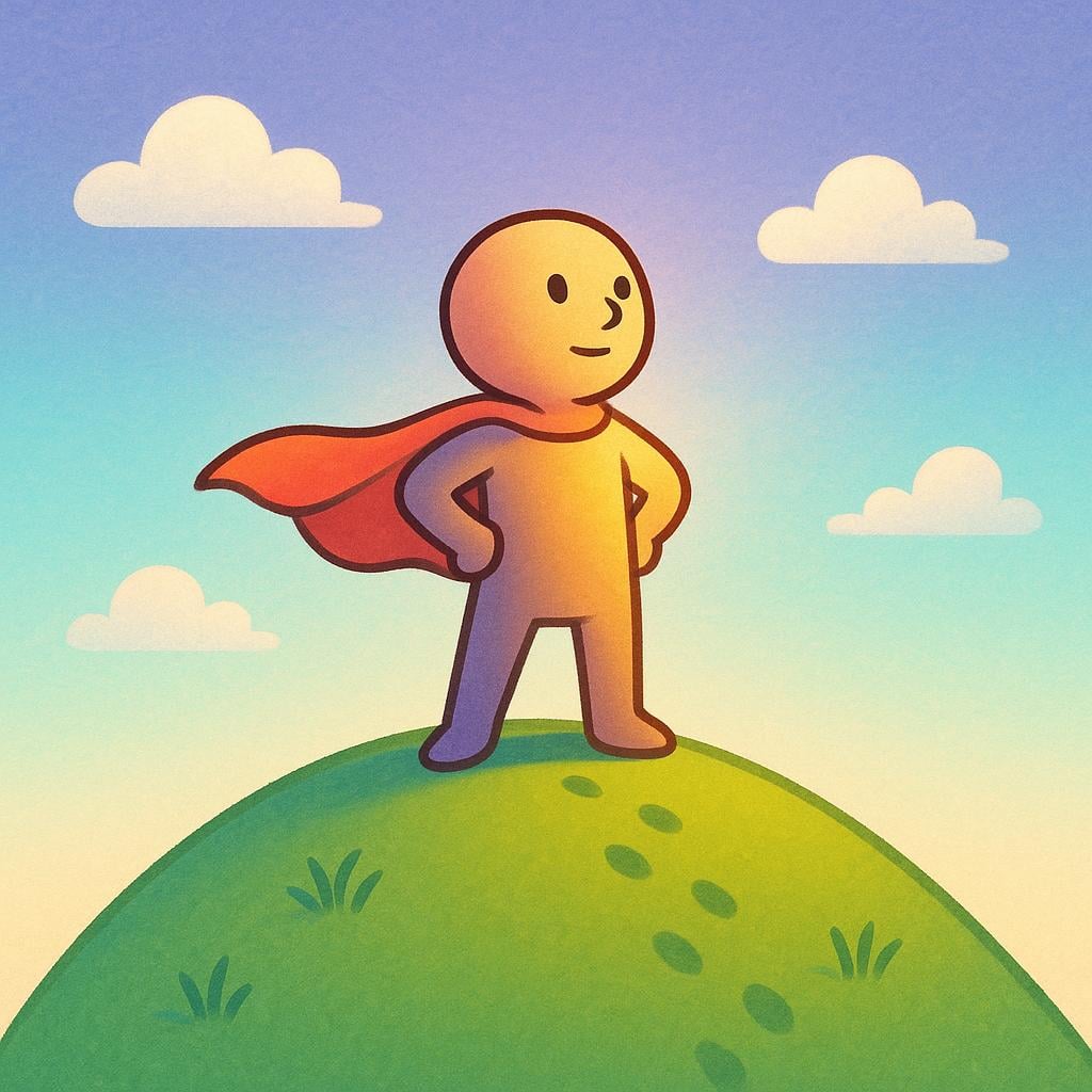 A simple silhouette of a character figure standing confidently on the peak of a small, green hill, looking towards the horizon, symbolizing a transformation or change of state.