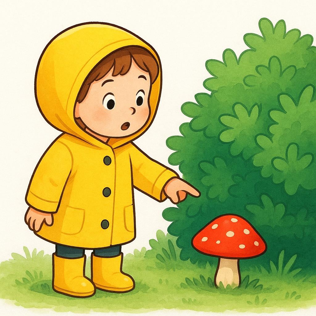 A brightly colored storybook illustration showing a child in a yellow raincoat standing next to a green bush. The child is pointing and looking intently at a strikingly bright red mushroom, capturing a moment of specific observation.