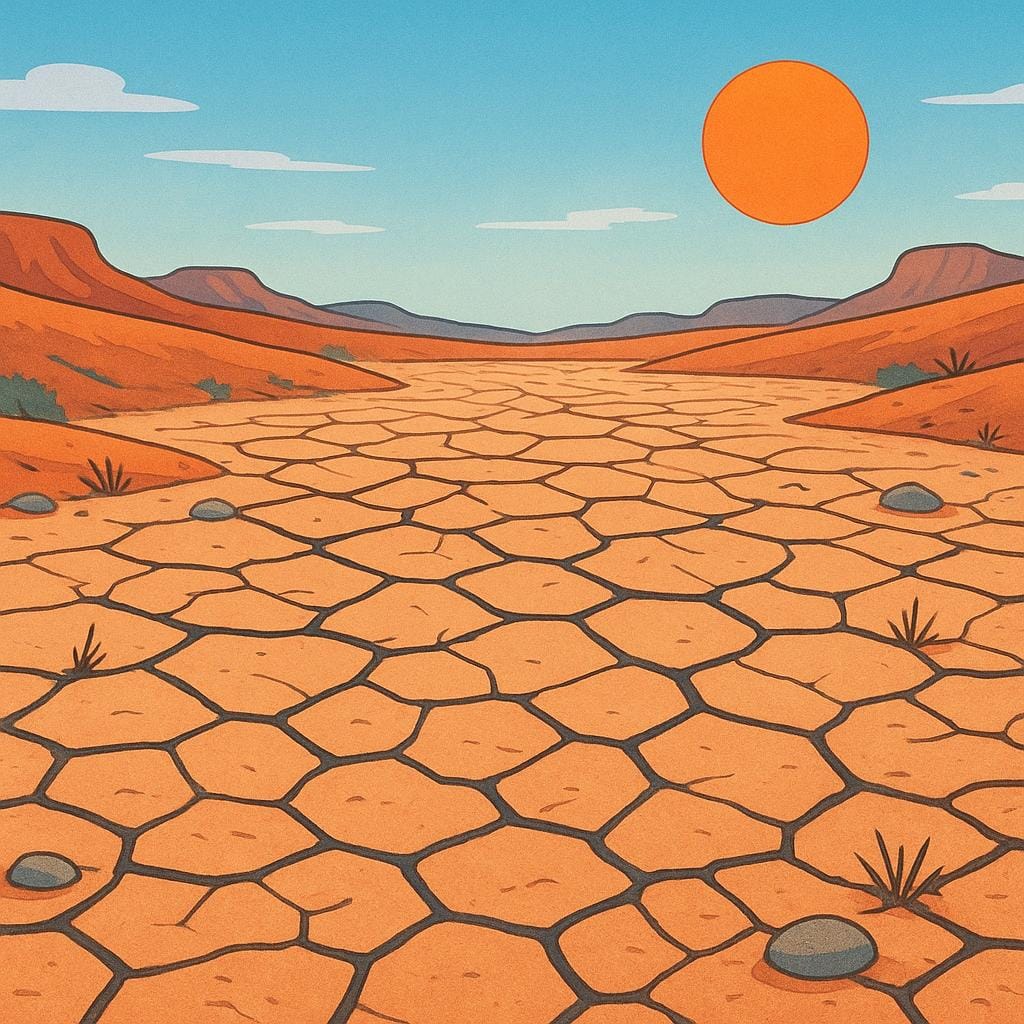 A vast, desolate landscape showing a riverbed completely empty of water, with deep cracks in the mud and distant bare hills, symbolizing a long dry spell.