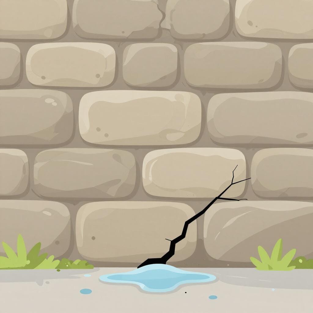 A large stone castle wall with a small crack forming at the base as water leaks through.