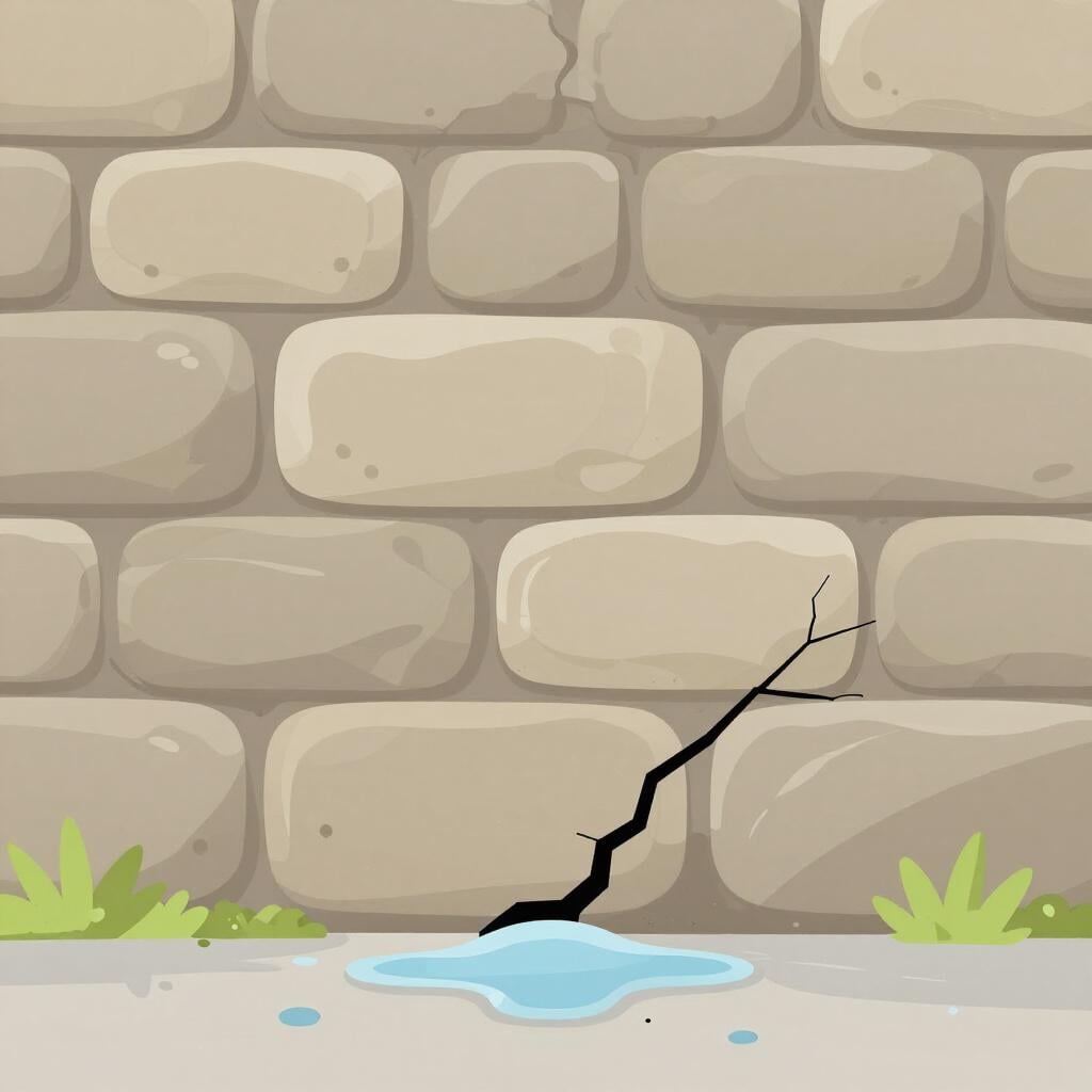 A large stone castle wall with a small crack forming at the base as water leaks through.