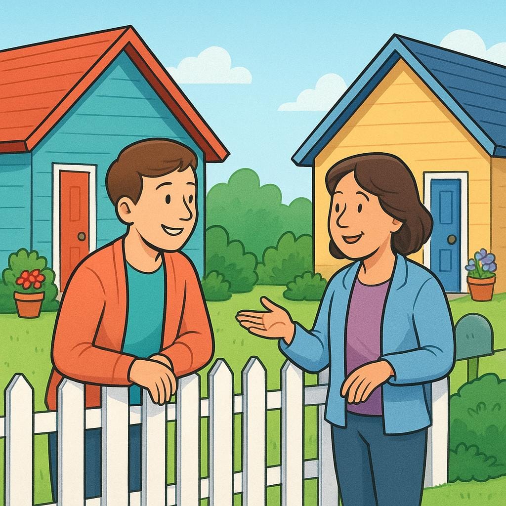 Two friendly adults talking to each other across a low white fence separating two colorful houses.