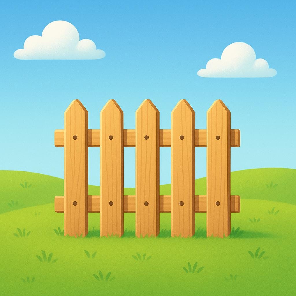 A simple, newly constructed wooden fence standing straight in a bright green field, symbolizing a structure that has been built.