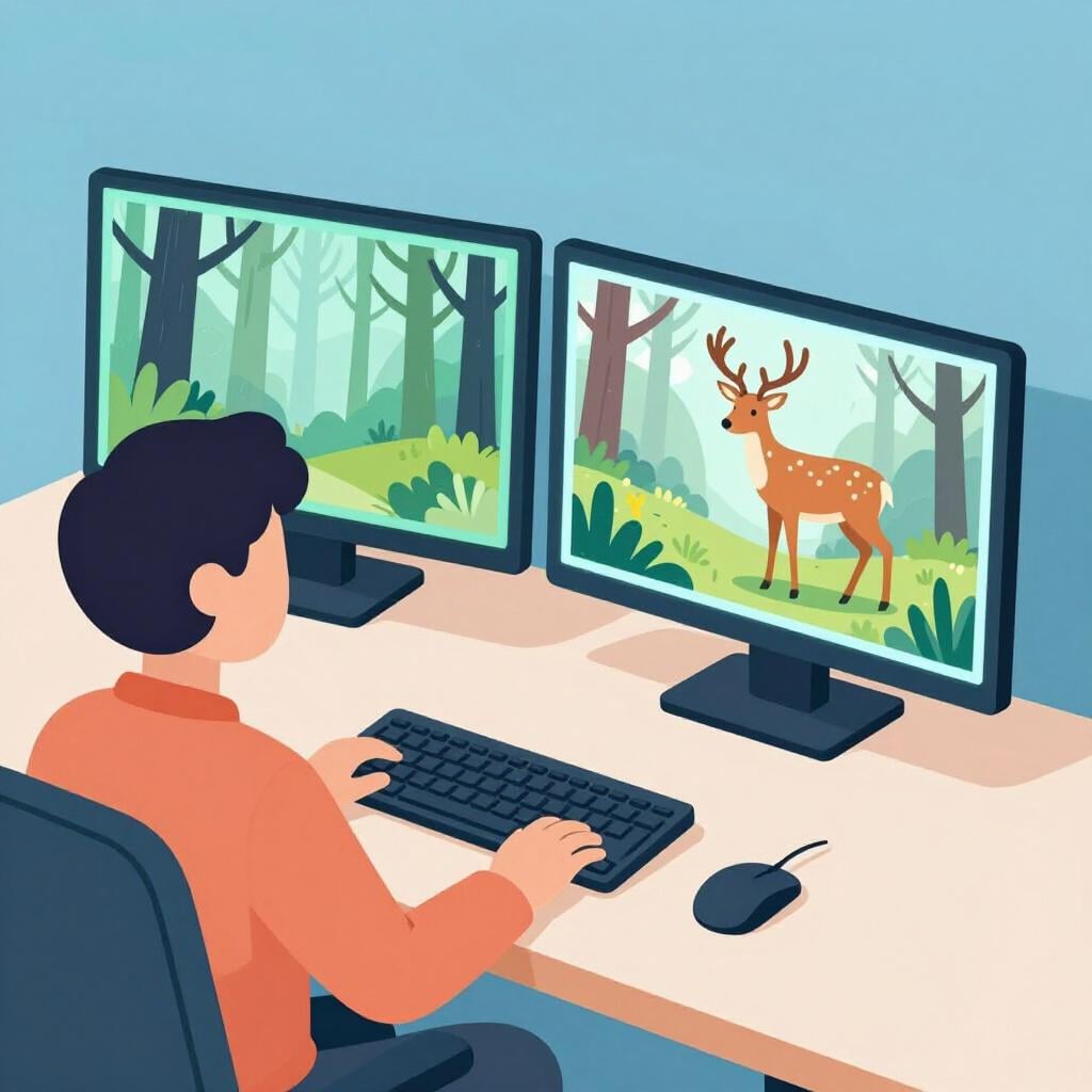 A person sitting at a desk with two large screens showing different scenes of a nature documentary.