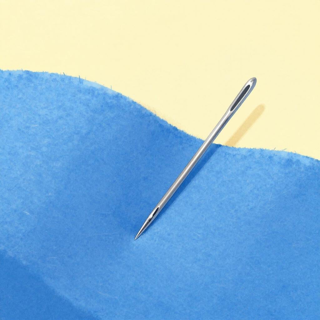 A sharp silver needle piercing through a piece of blue fabric.