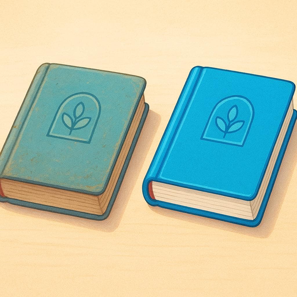 Twee identieke boeken staan naast elkaar in een boekenkast. Eén boek is enigszins versleten en vervaagd, terwijl het andere ongerept en levendig is, wat verschillende drukken voorstelt.