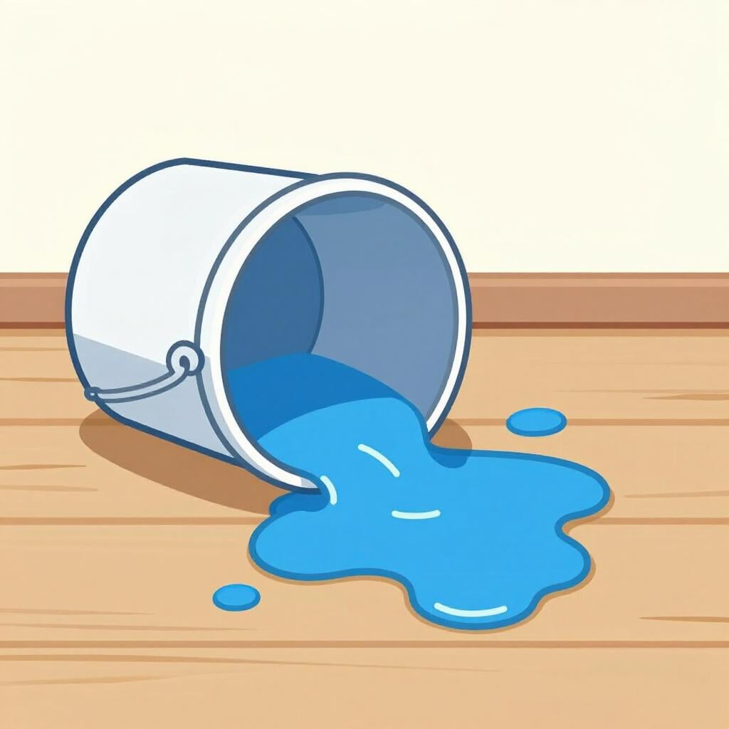 Een omgevallen emmer felblauwe verf die een grote plas op een schone houten vloer veroorzaakt.