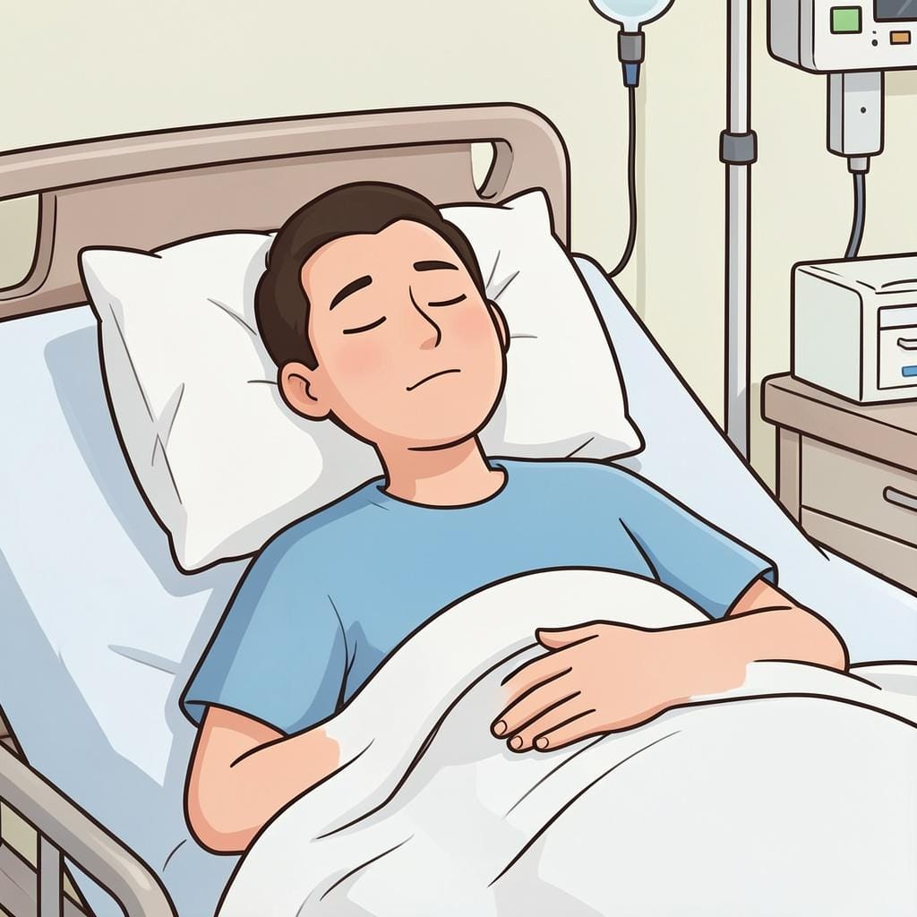 Una persona che riposa pacificamente in un letto d'ospedale.