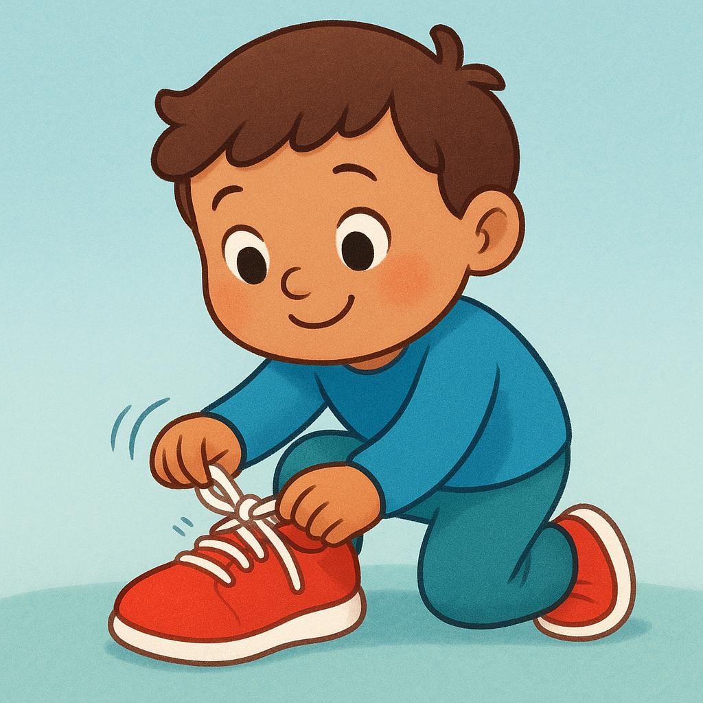 A friendly cartoon character kneeling down, actively tying the laces of a bright red running shoe, demonstrating preparation for an activity.