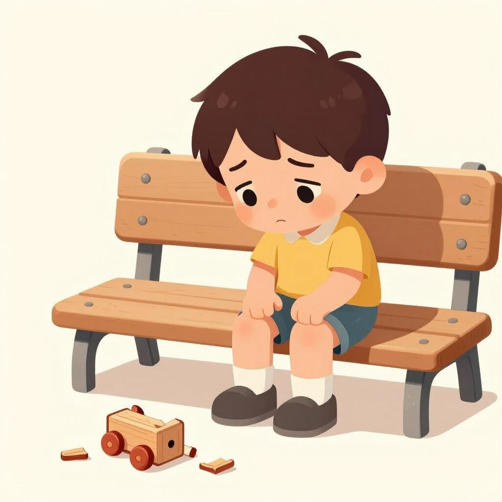 A sad child sitting on a wooden bench, looking down at a broken toy with a regretful expression.