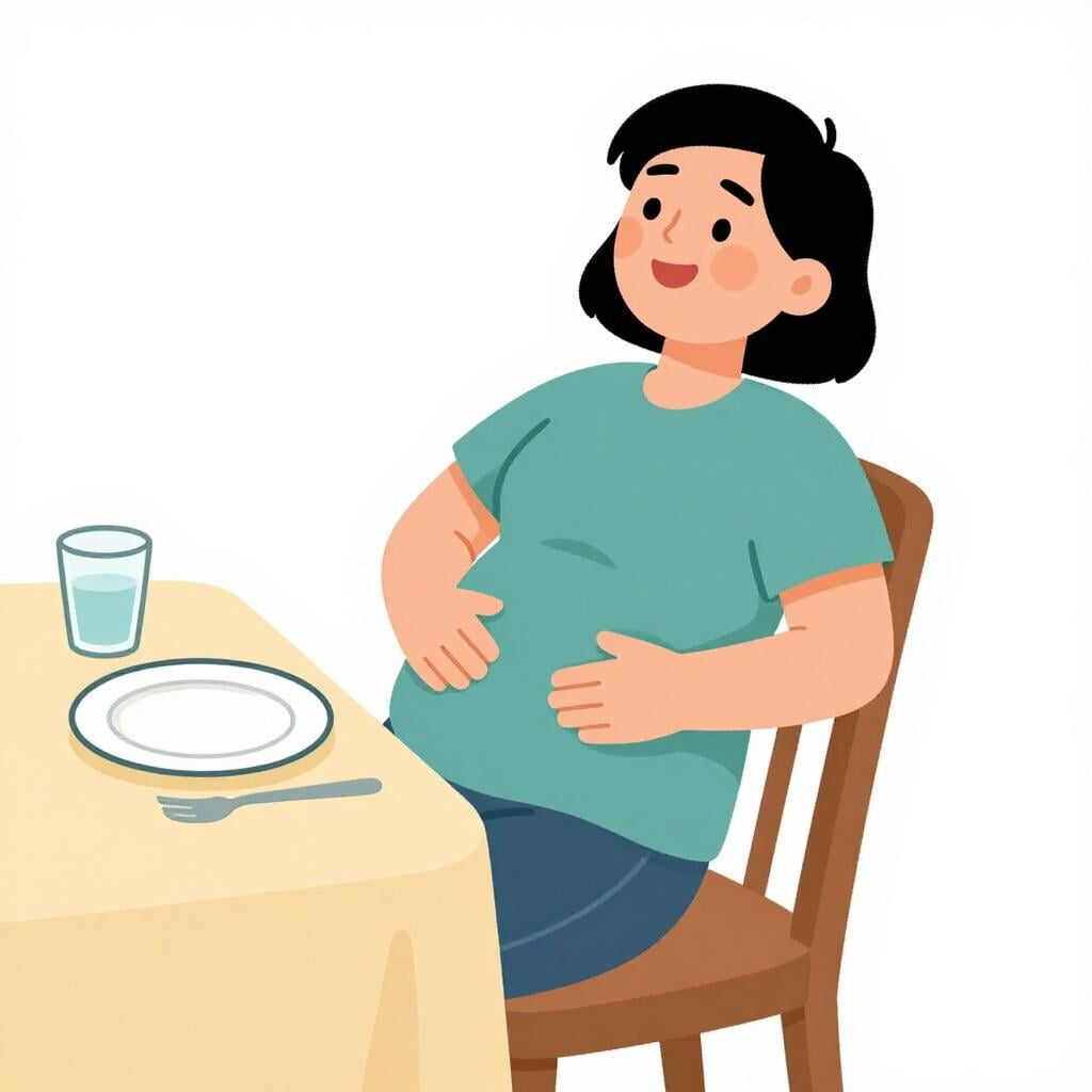 Uma pessoa feliz sentada a uma mesa de madeira com um prato grande e vazio e a barriga cheia.