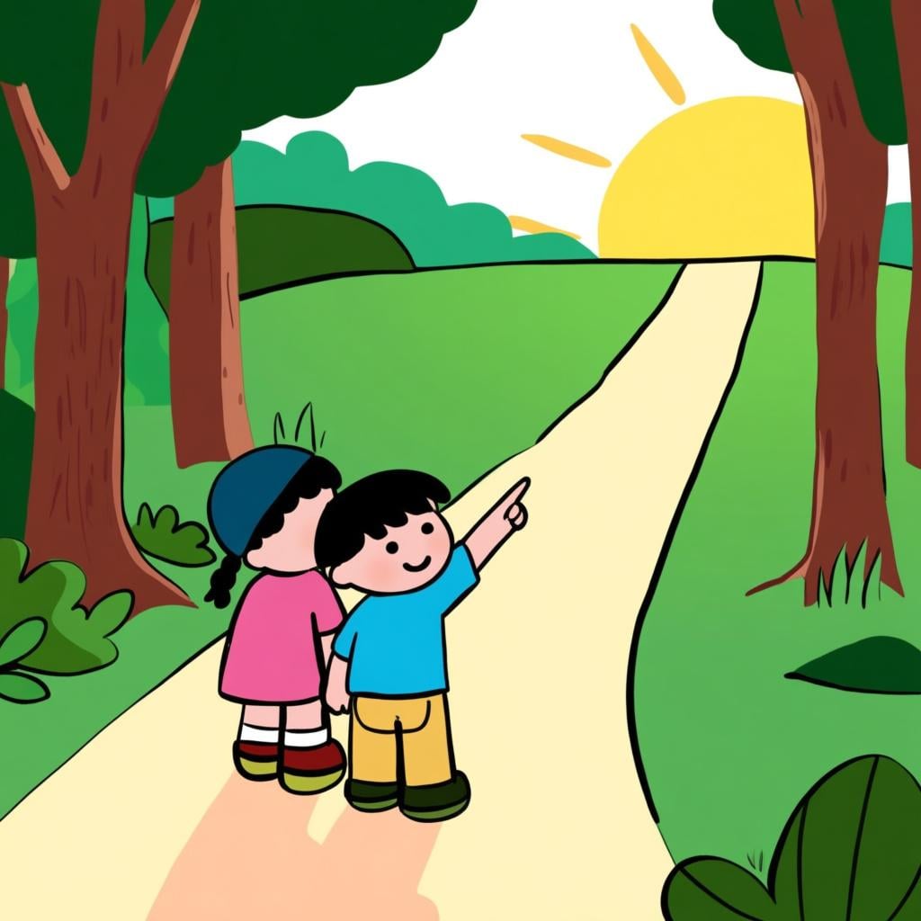 Two friendly cartoon children standing at a fork in a sunny forest path, where one child is gently pointing toward the right-hand path, suggesting the direction to take.