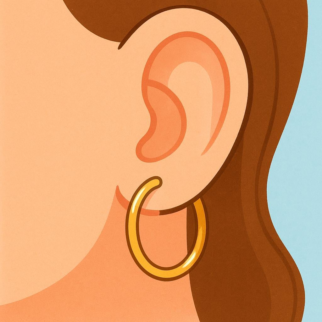 A close-up illustration of a single, simple golden hoop earring hanging from a stylized human earlobe.