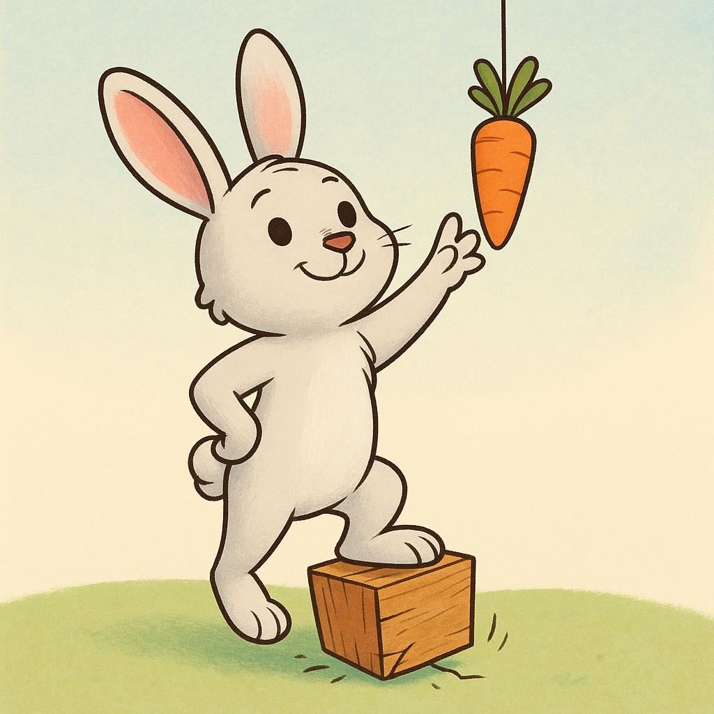 A cartoon rabbit confidently reaching for a large carrot hanging just out of reach while standing on a small, unstable, wobbly wooden block, illustrating the idea of taking stability for granted.