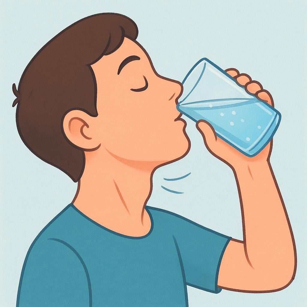 A simplified illustration of a person's profile, head tilted back, mid-gulp while drinking water from a glass, emphasizing the movement in the throat.
