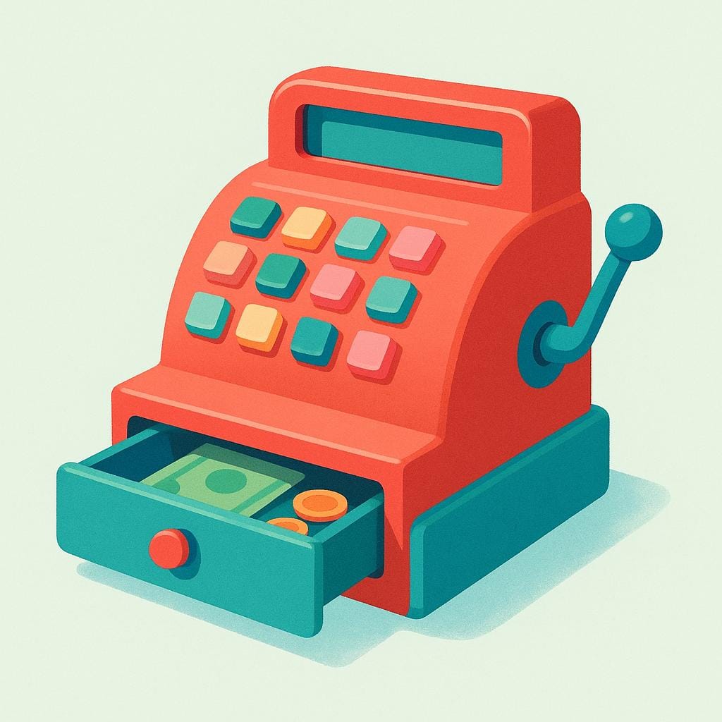 A brightly colored, classic mechanical cash register with a visible keypad and a small, open cash drawer.