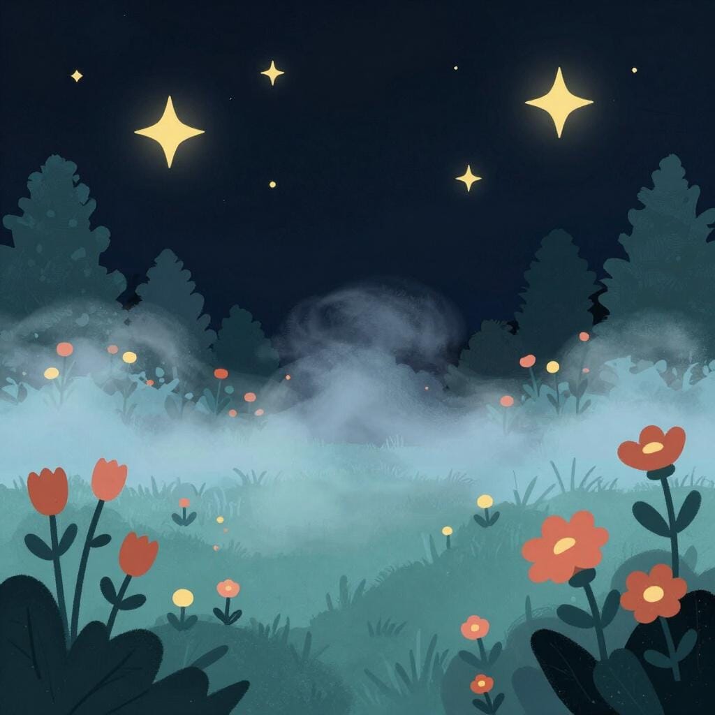 A soft blue mist settling over a garden under a starry night sky.
