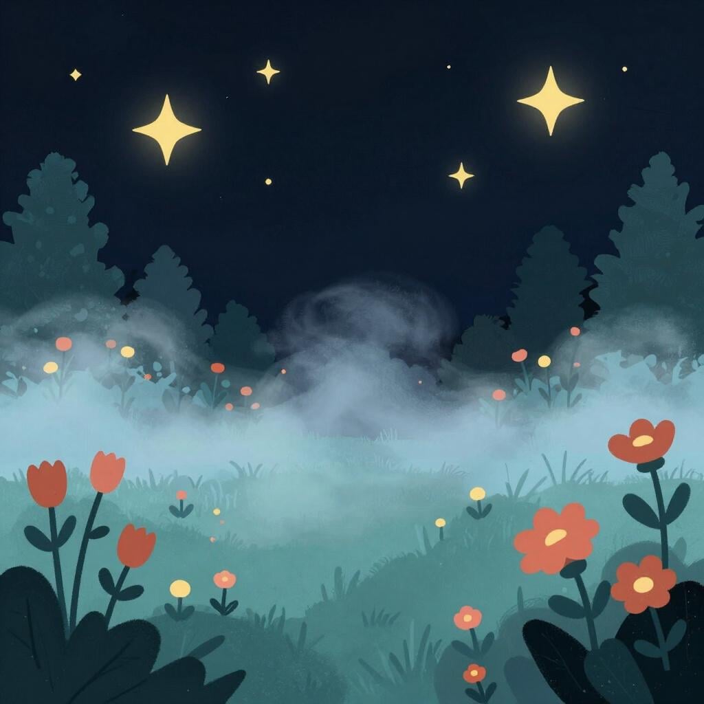 A soft blue mist settling over a garden under a starry night sky.
