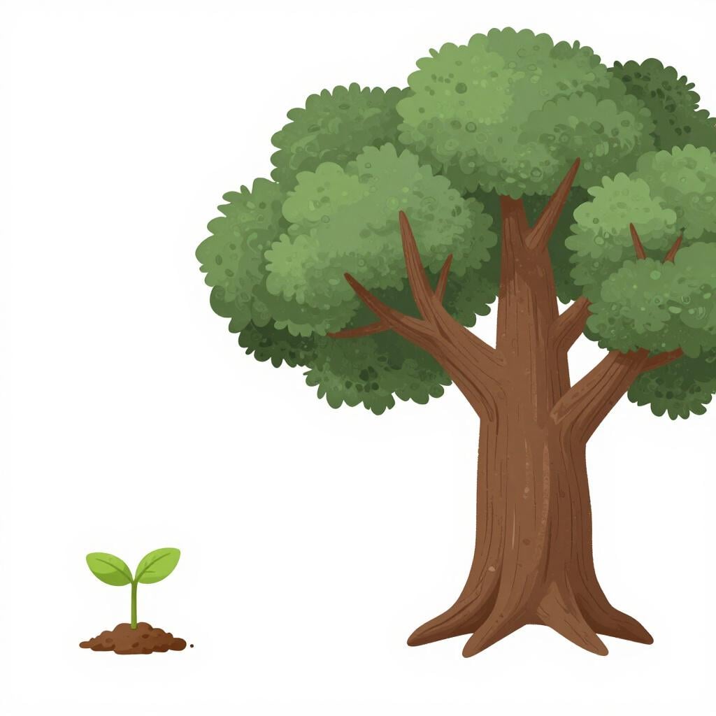 A side-by-side illustration of a small green seedling and a large, mature oak tree with a thick trunk and wide canopy.