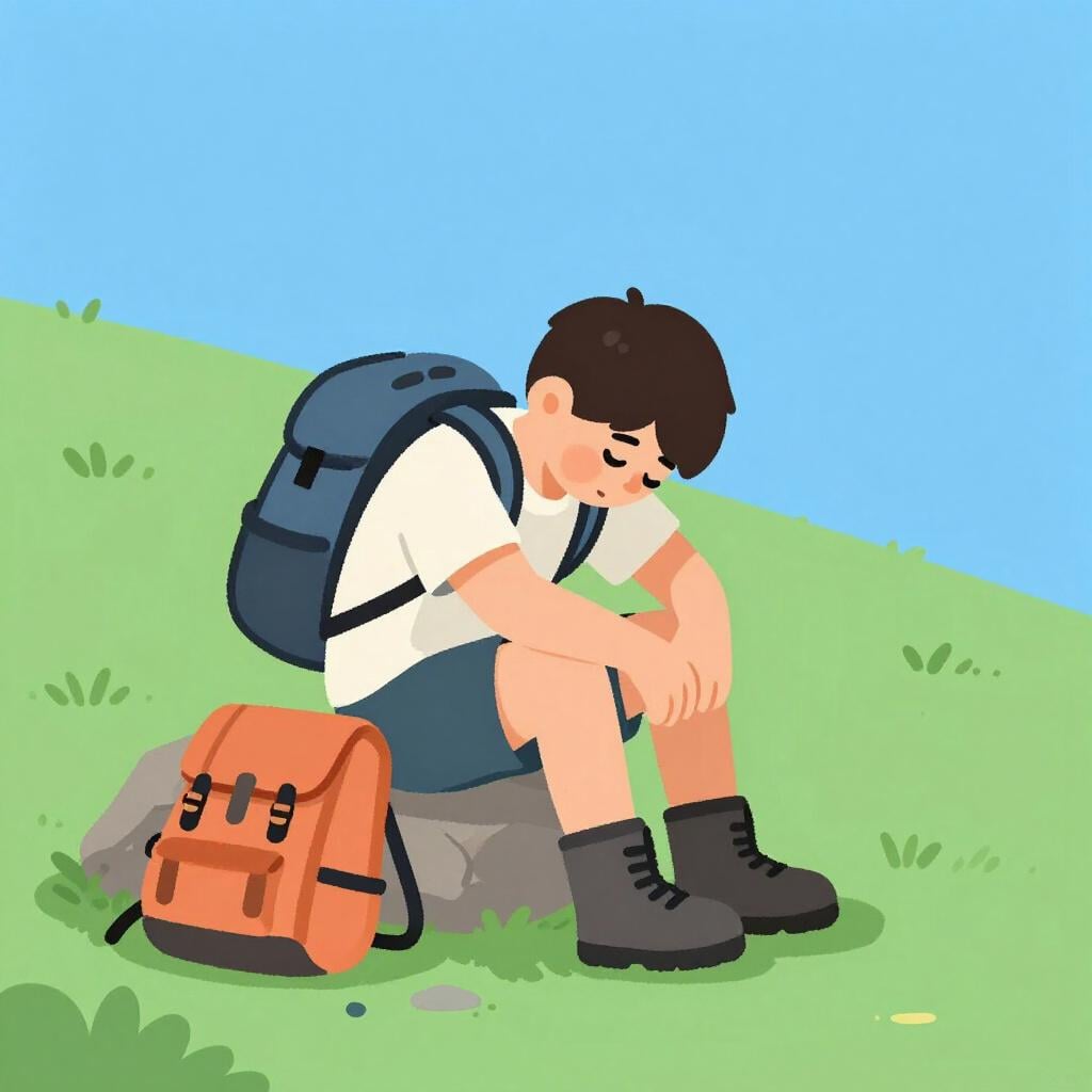 Un escursionista seduto su una grossa roccia con la testa appoggiata sulle mani e uno zaino a terra.