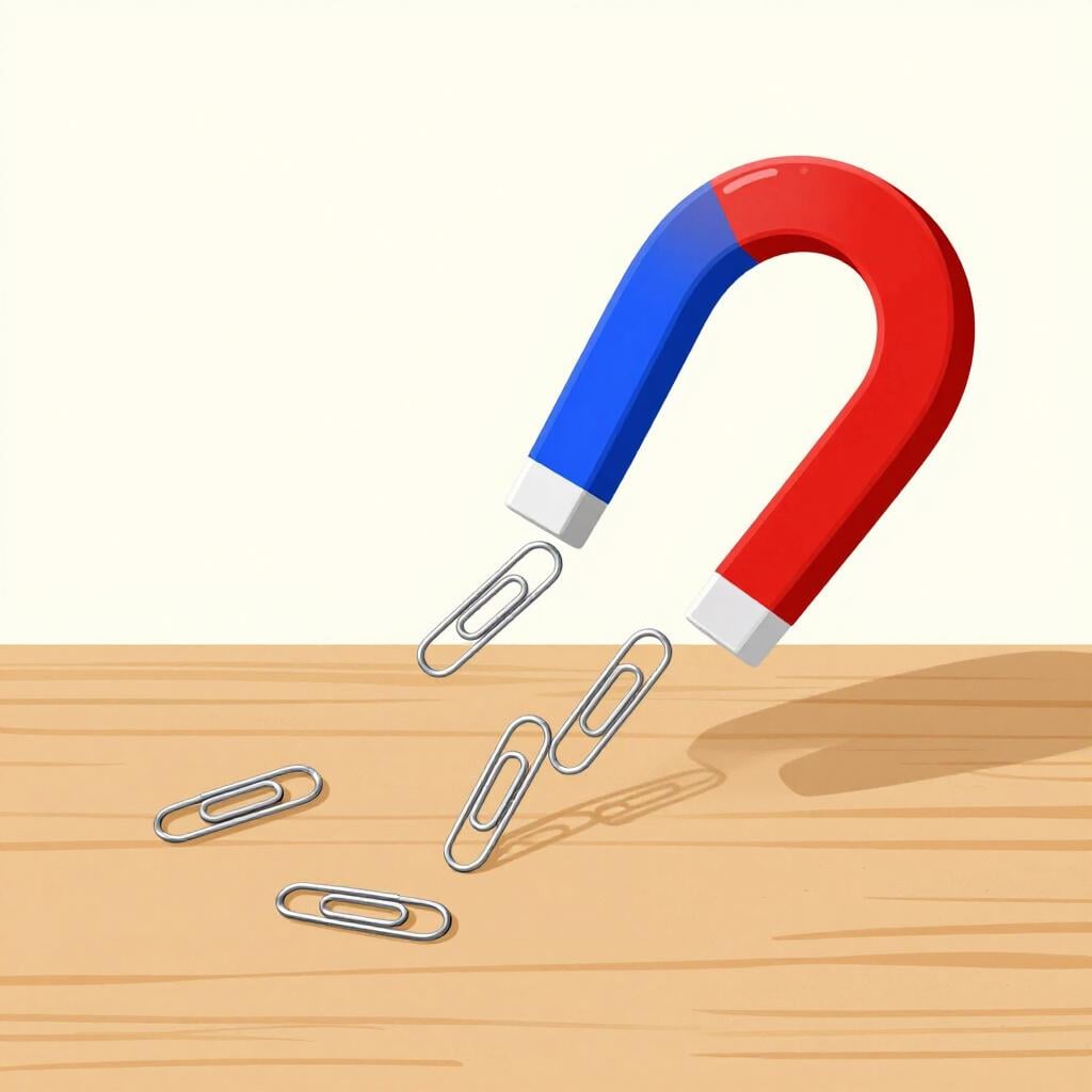 A magnet attracting metal paperclips through the air.