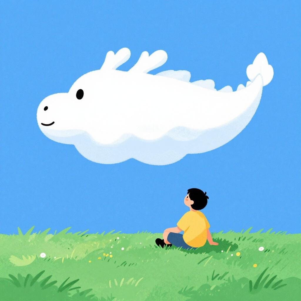 Una persona seduta su una collina erbosa che guarda una nuvola a forma di drago.