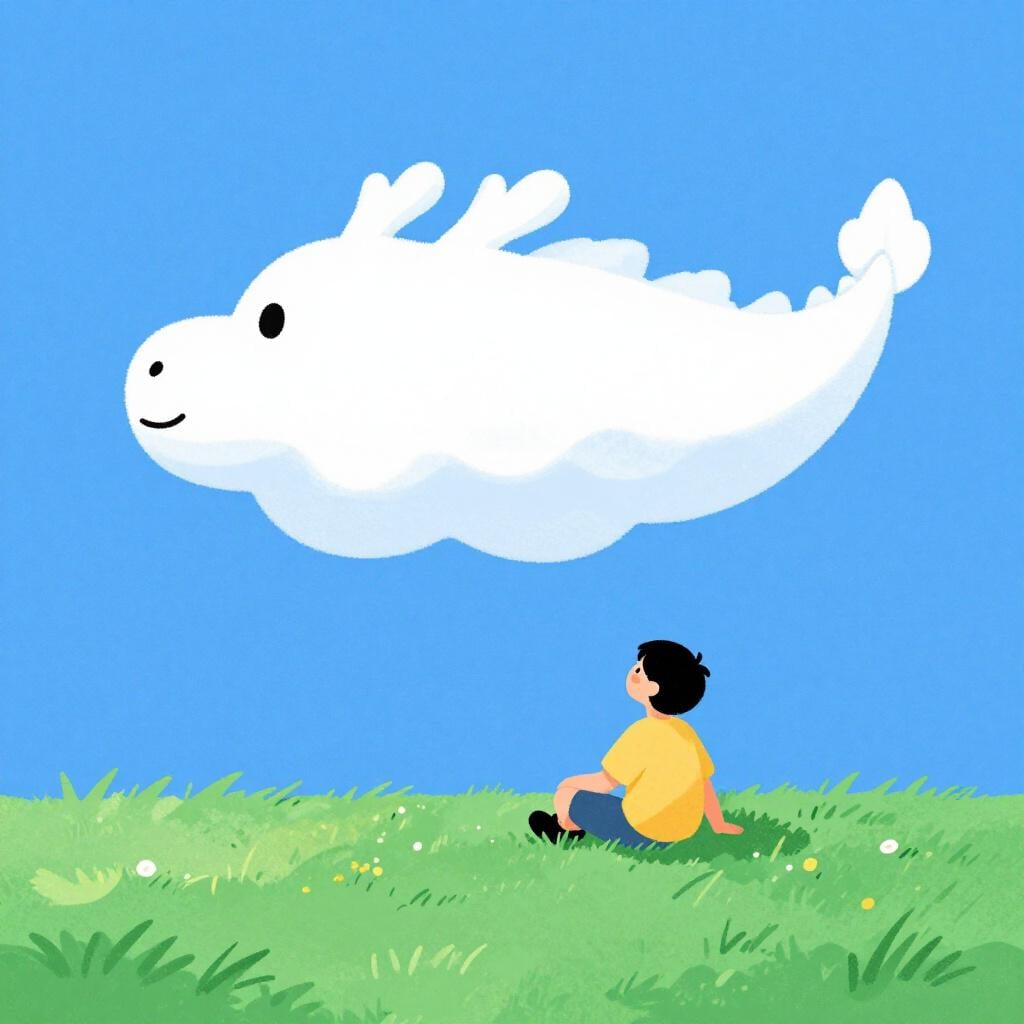 Eine Person sitzt auf einem grasbewachsenen Hügel und betrachtet eine wolkenförmige Drachenfigur.