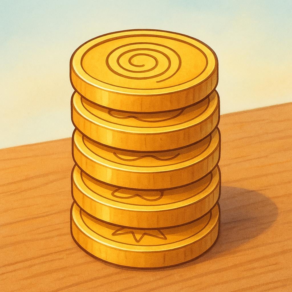 A small stack of five large, shiny gold coins resting on a brown wooden surface.