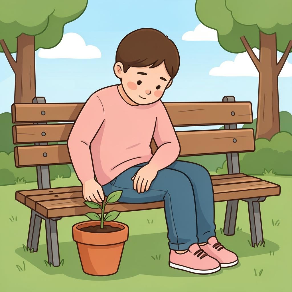 A person sitting on a park bench looking thoughtfully at a small seedling in a pot.