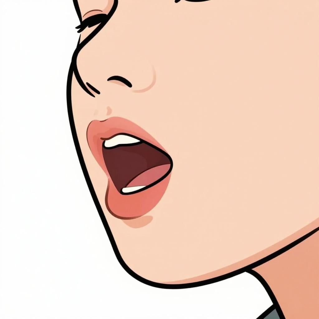 A close-up of a person's mouth clearly and precisely forming a word.