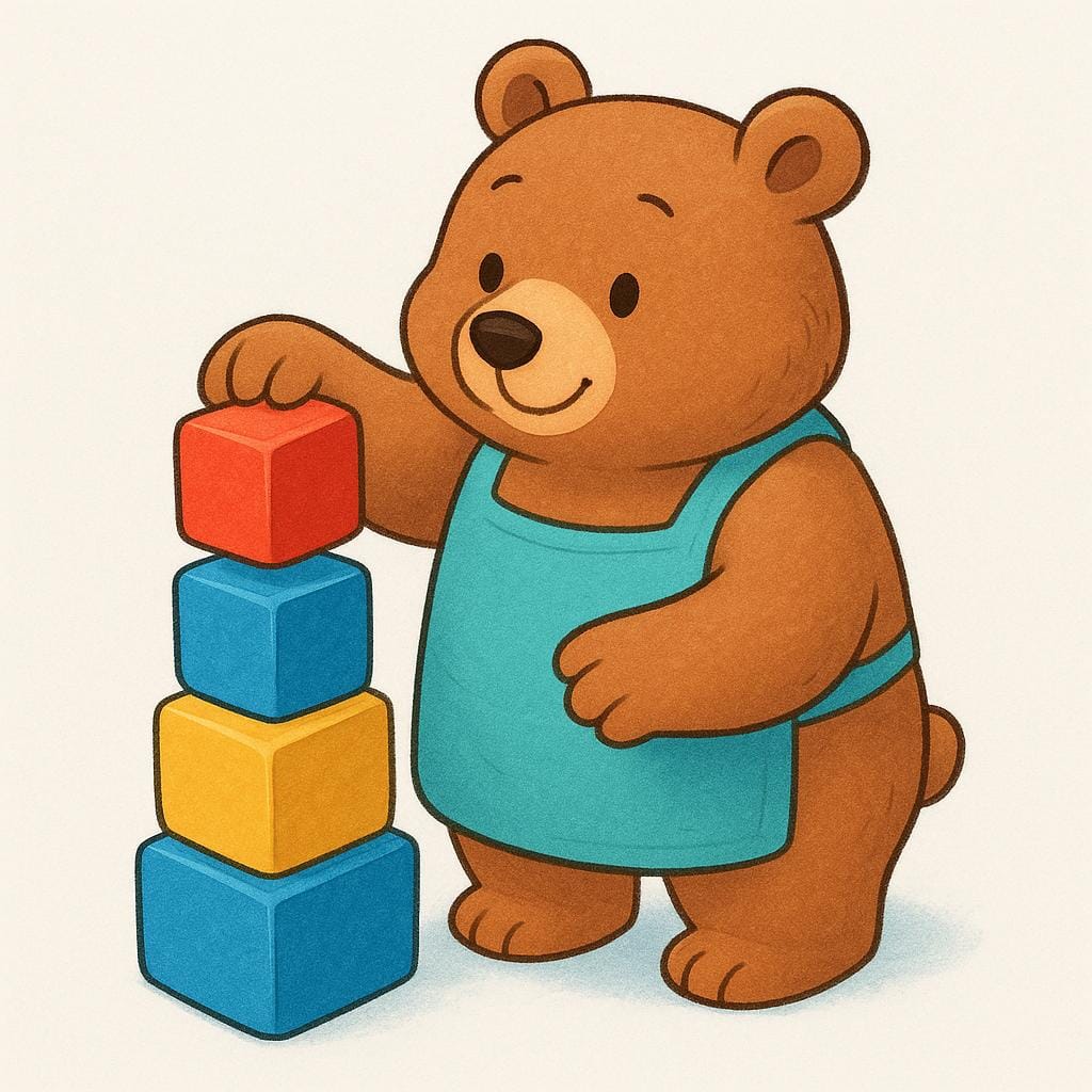 A storybook illustration of a stylized cartoon bear adding a single red block to an already existing stack of blue and yellow blocks.