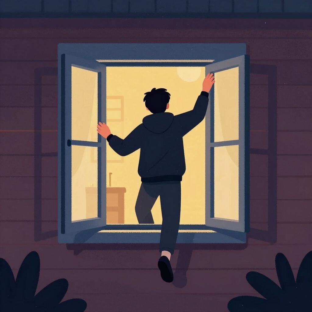 Uma silhueta de uma pessoa vestindo um moletom escuro entrando por uma janela aberta em uma sala escura.