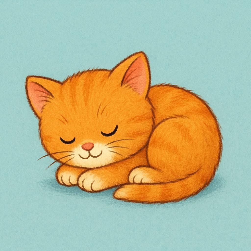 A small, fluffy orange kitten sleeping peacefully, curled up in a ball.