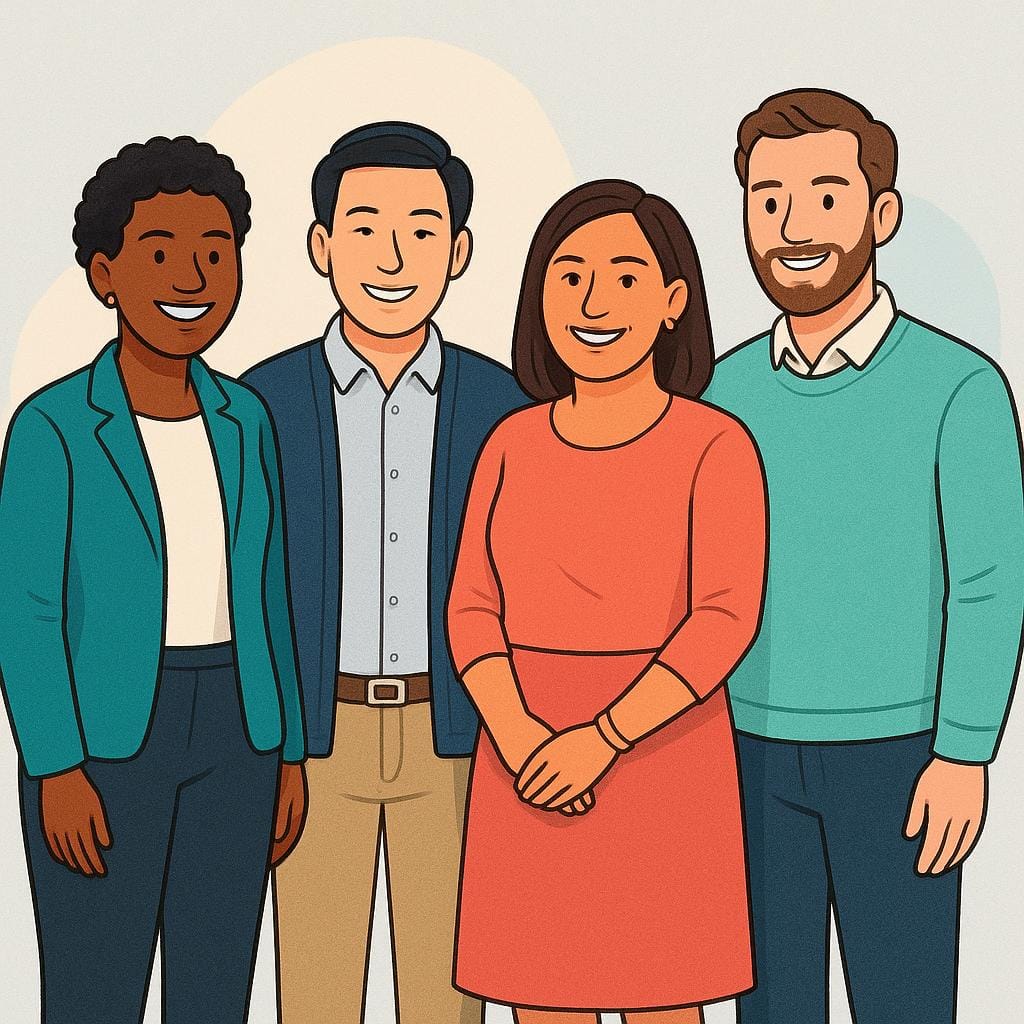 A diverse group of four smiling professionals standing together in a formal setting, representing a team.